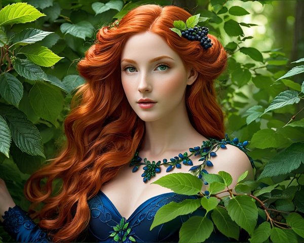 Young woman with red hair in blue dress among foliage