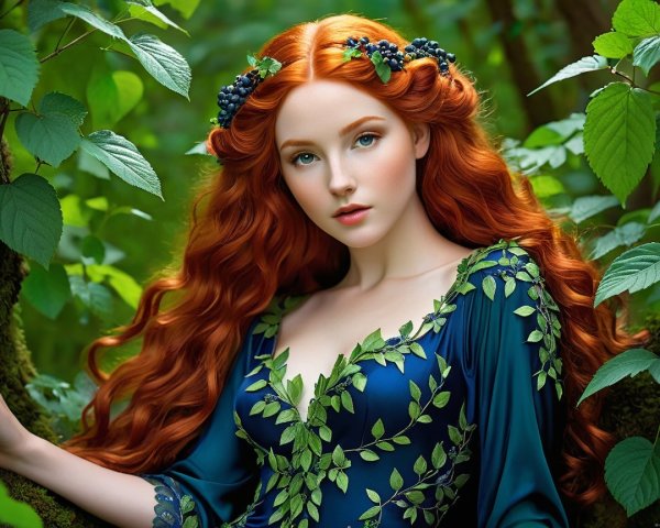 Young Woman with Red Hair in Enchanted Forest Setting