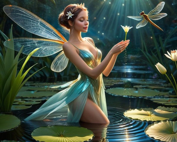 Fairy in a serene pond with shimmering wings
