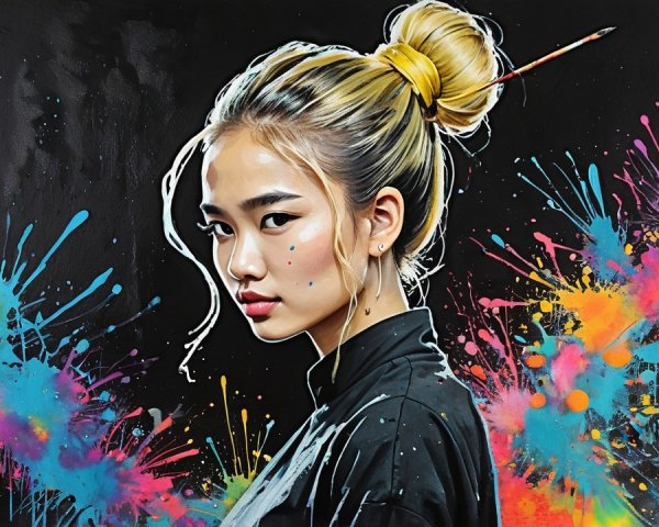 Young woman with bun and vibrant color background
