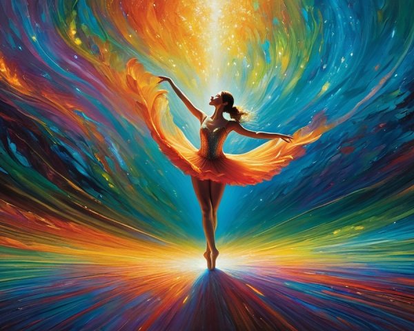 Ballerina in Vibrant Colors Against Cosmic Backdrop