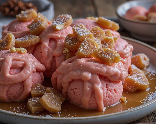 Pink Ice Cream Dessert with Candied Fruit and Sauce