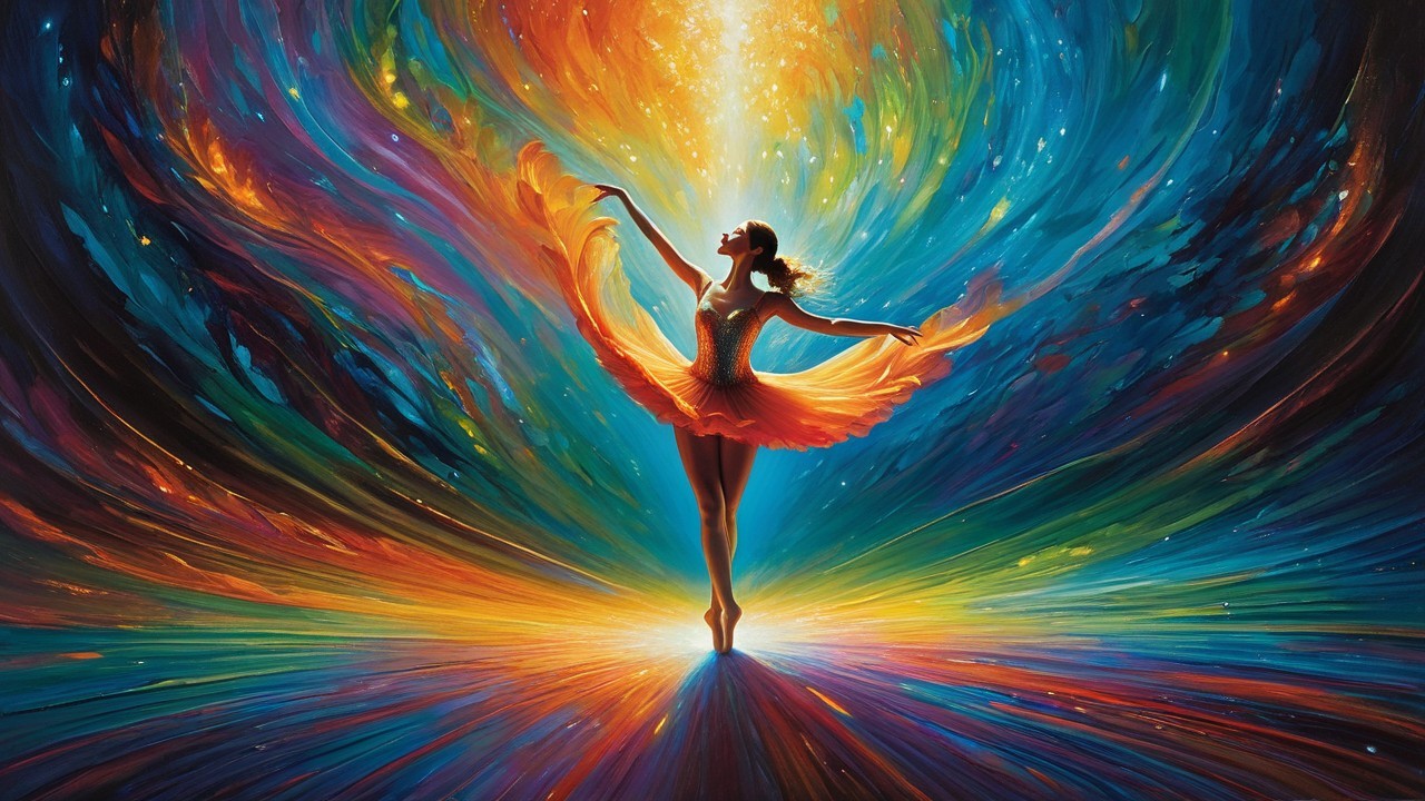 Ballerina in Vibrant Colors Against Cosmic Backdrop