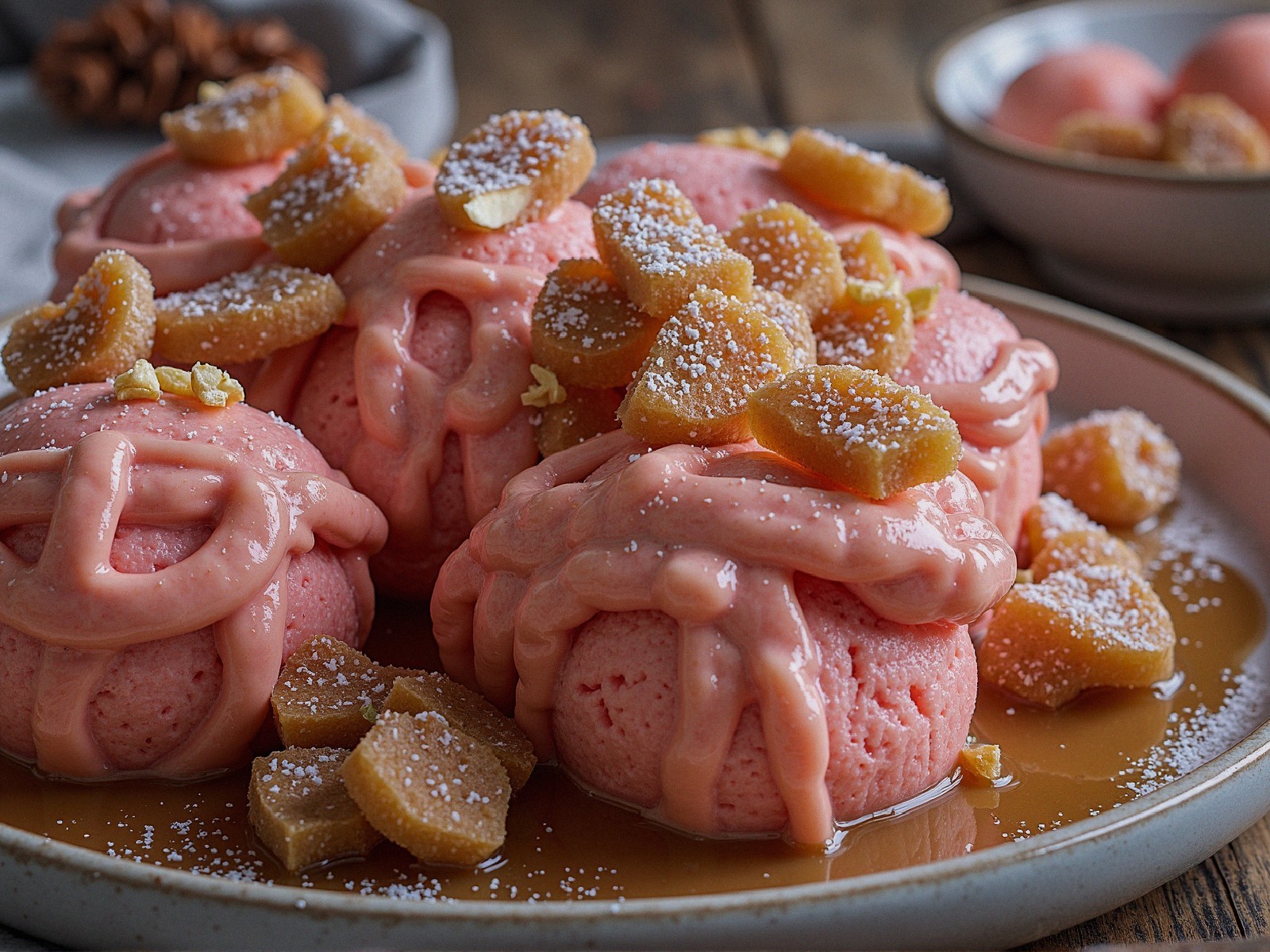 Pink Ice Cream Dessert with Candied Fruit and Sauce