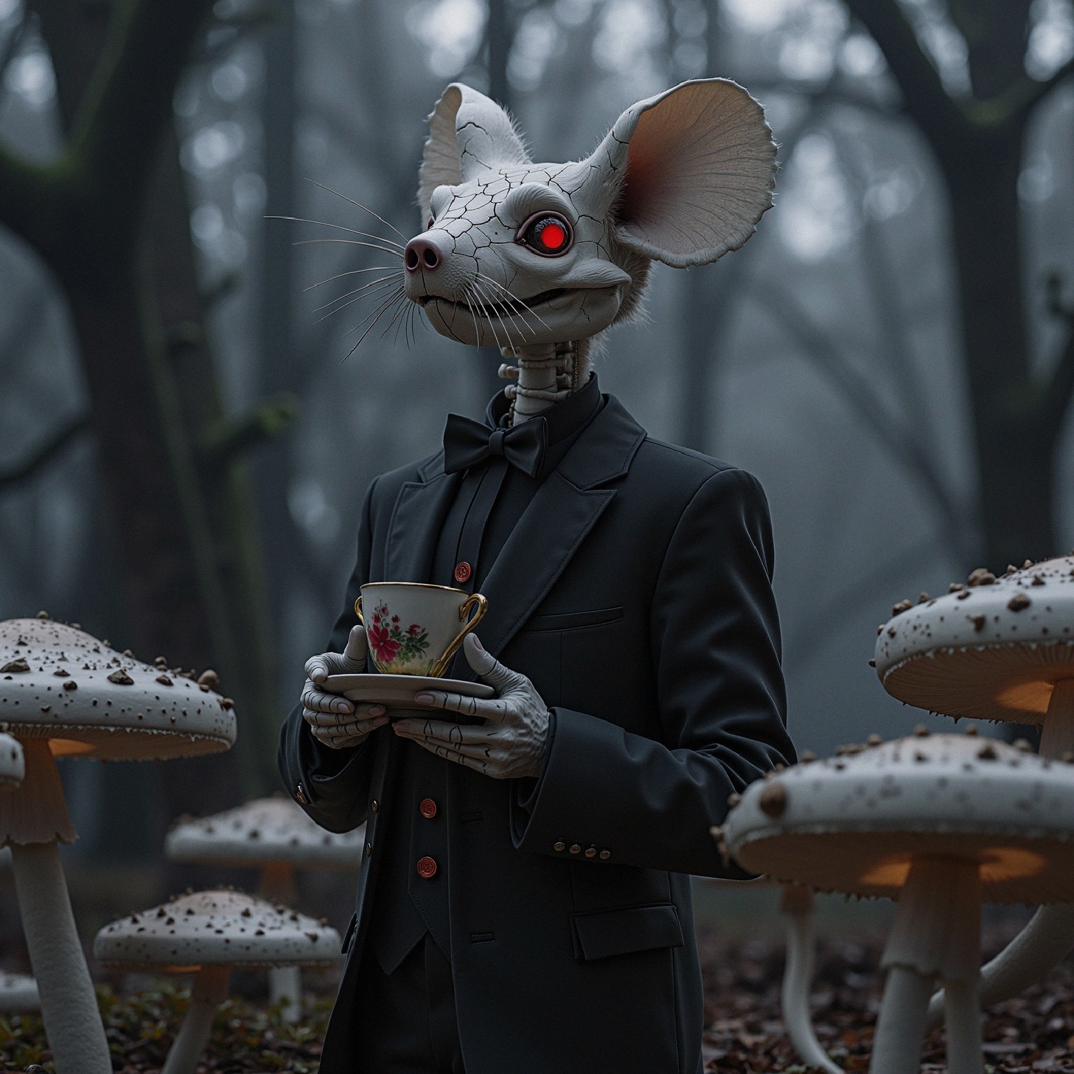 Humanoid Figure in Suit Among Giant Mushrooms
