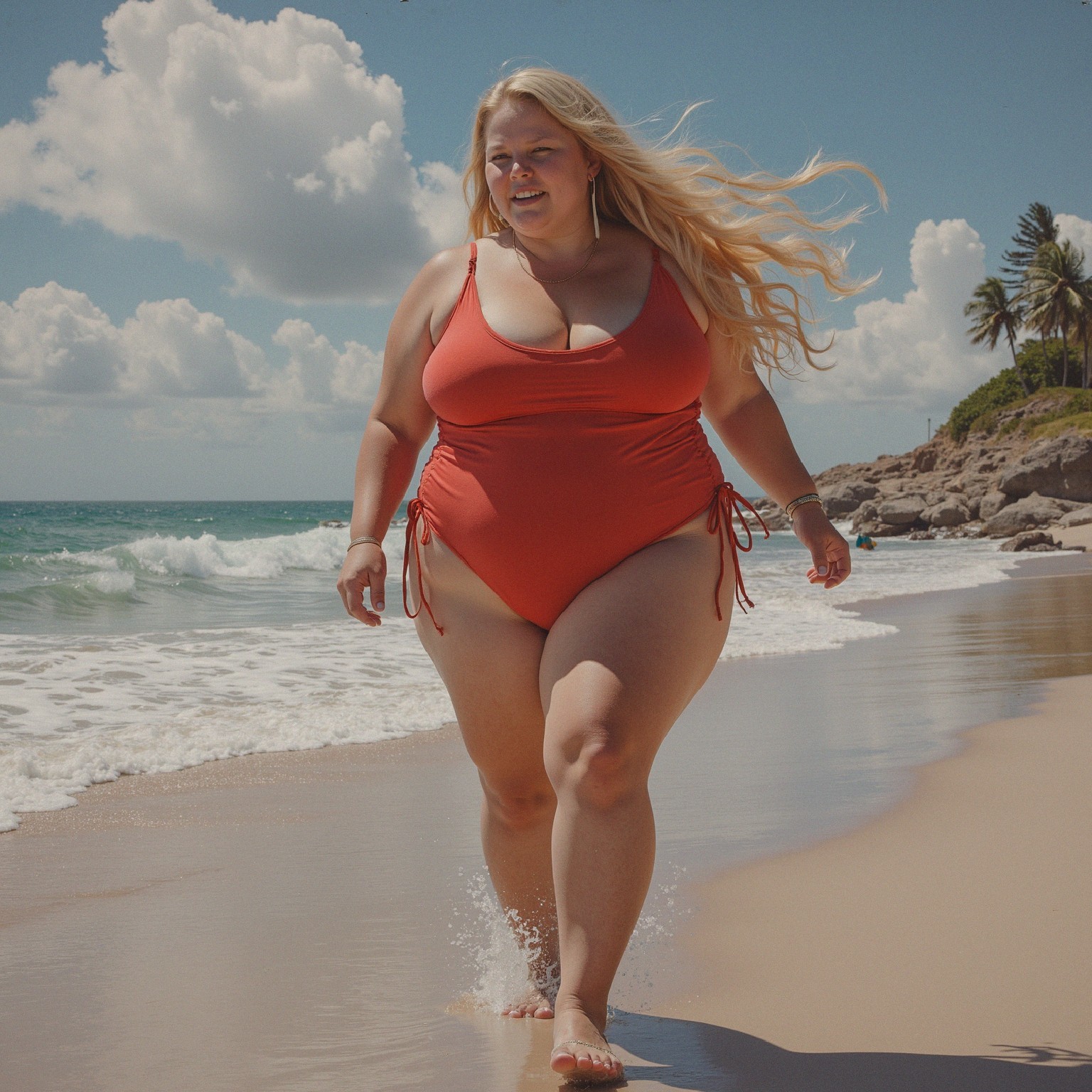 Woman in Orange Swimsuit on Sandy Beach Scene