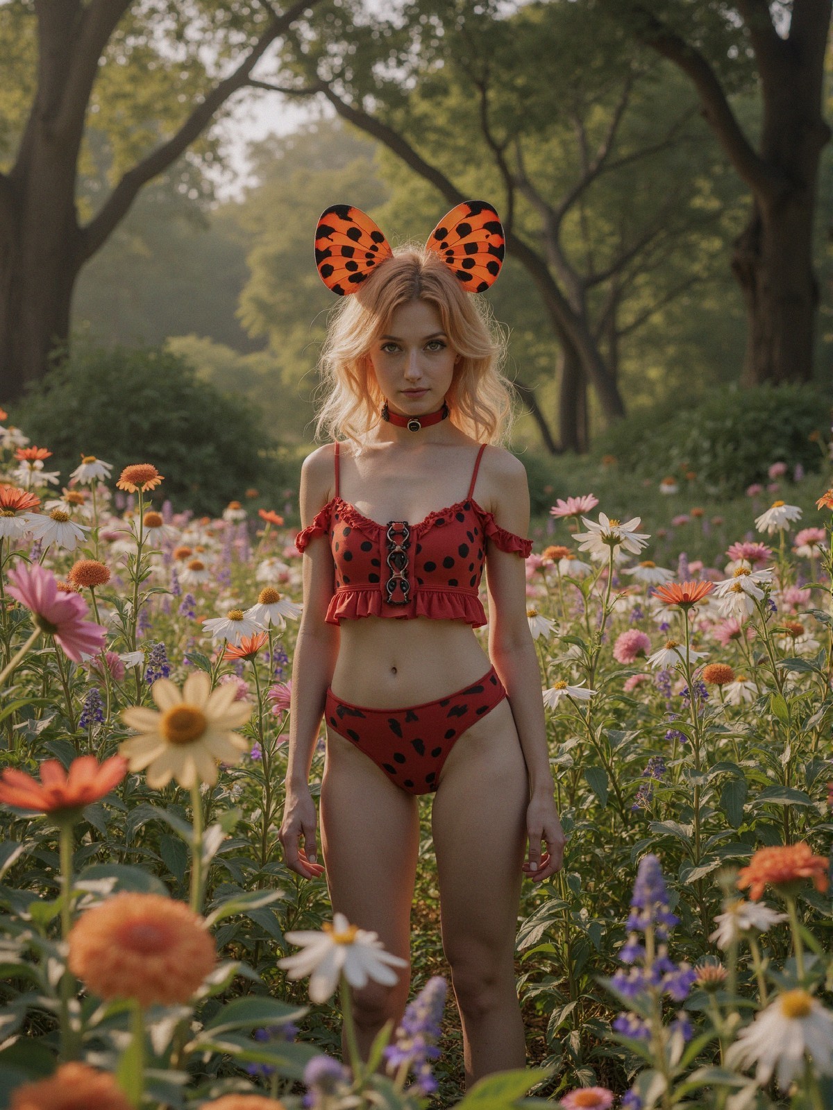 Young Woman in Polka-Dot Bikini in Flower Field