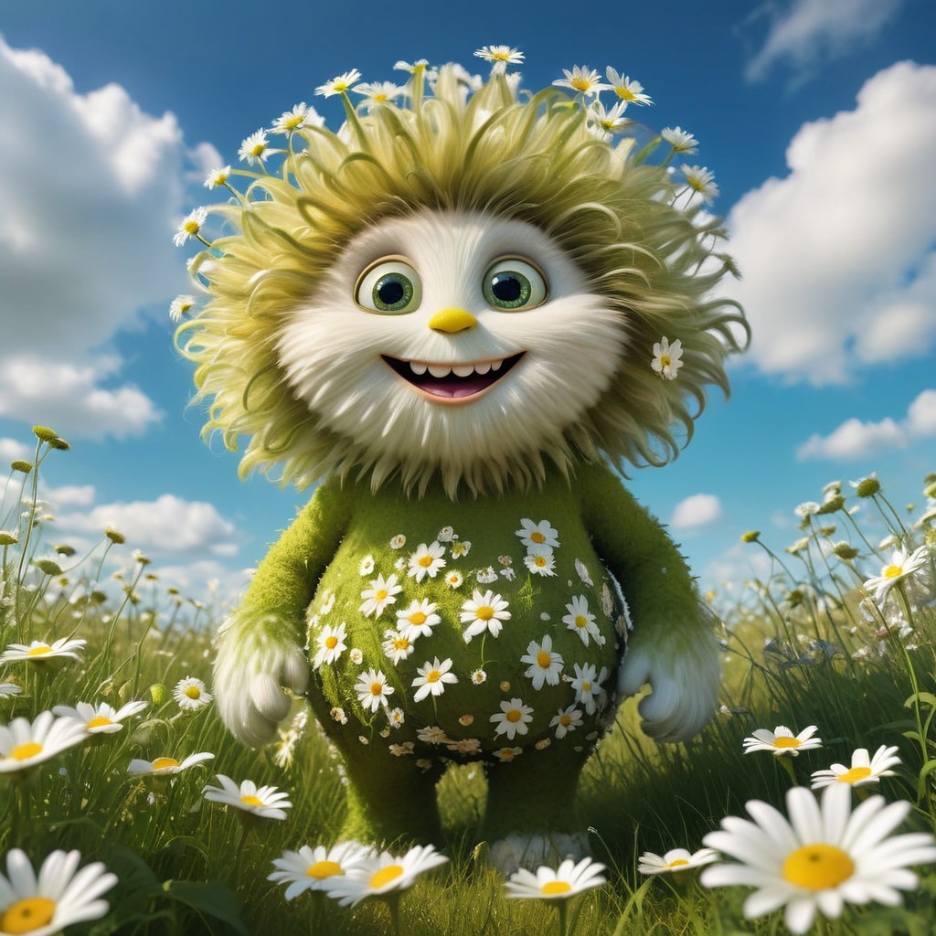 Fluffy Creature Surrounded by Daisies in Sunny Field