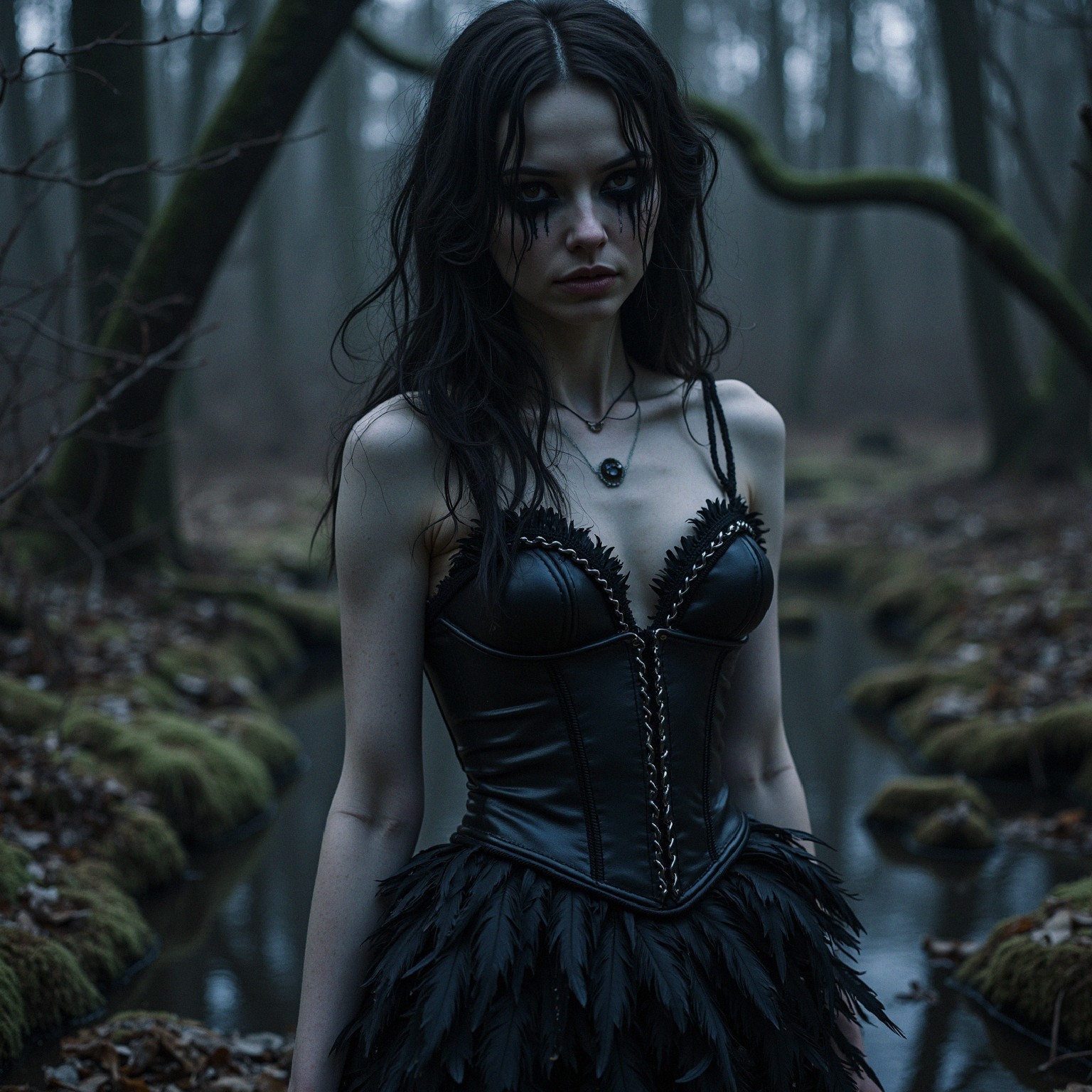 Ethereal Figure in Misty Forest with Dark Attire