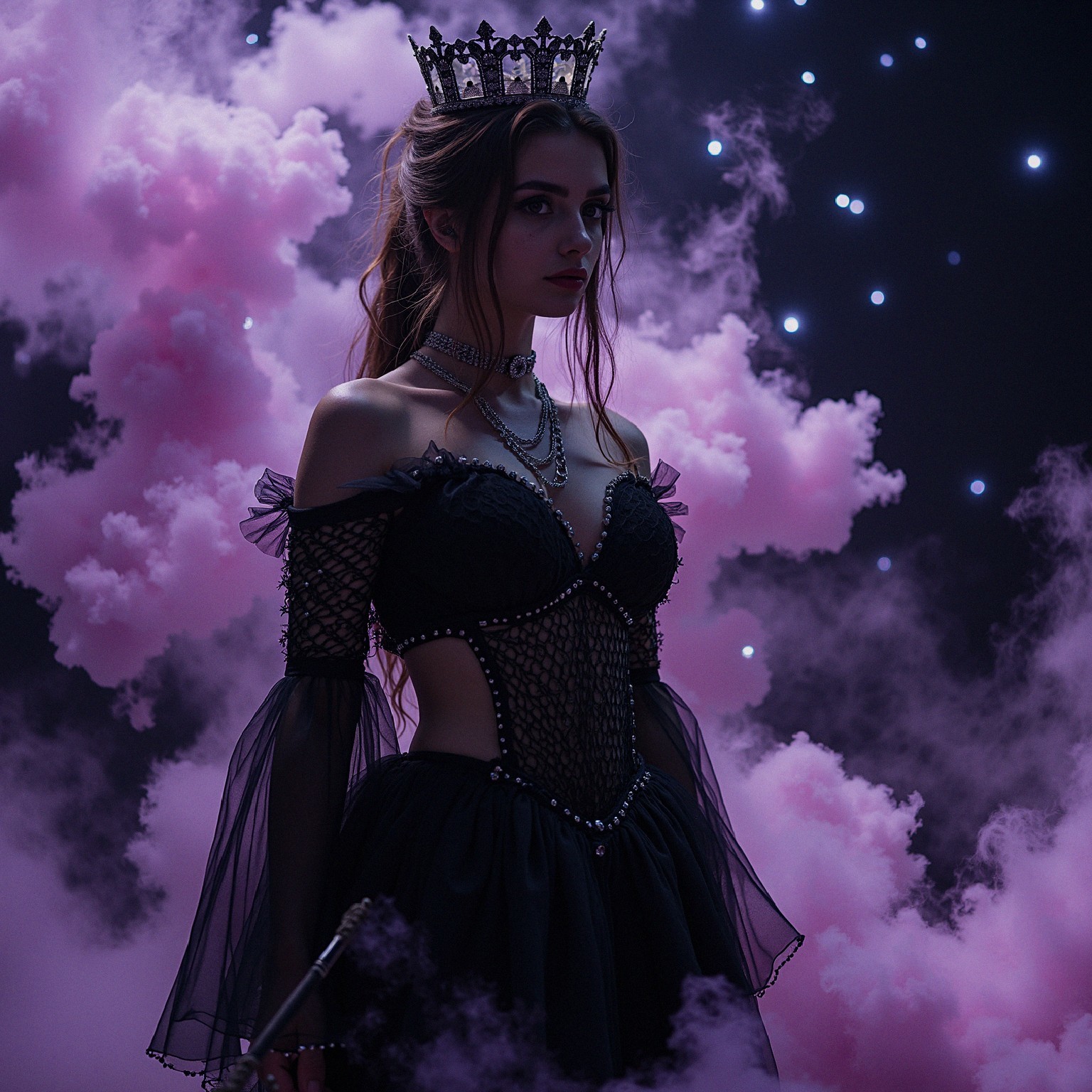 Mysterious Figure in Black Gown Against Pink Clouds