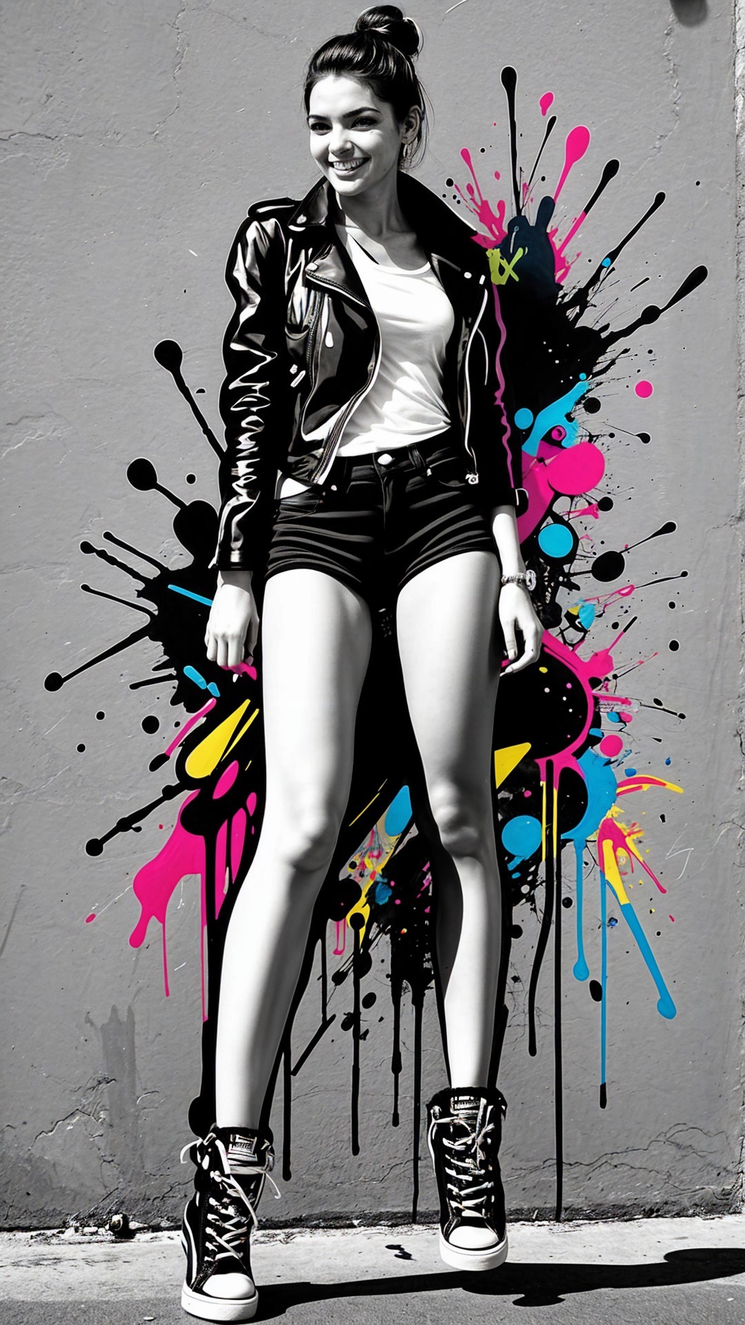 Young woman in leather jacket against graffiti backdrop