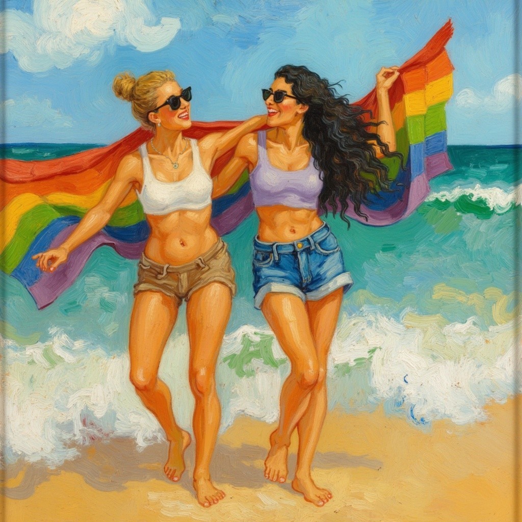 Women Walking on Beach with Rainbow Flag