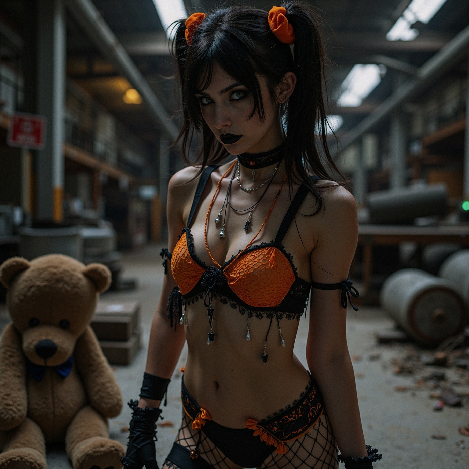 Industrial Scene with Young Woman in Edgy Outfit