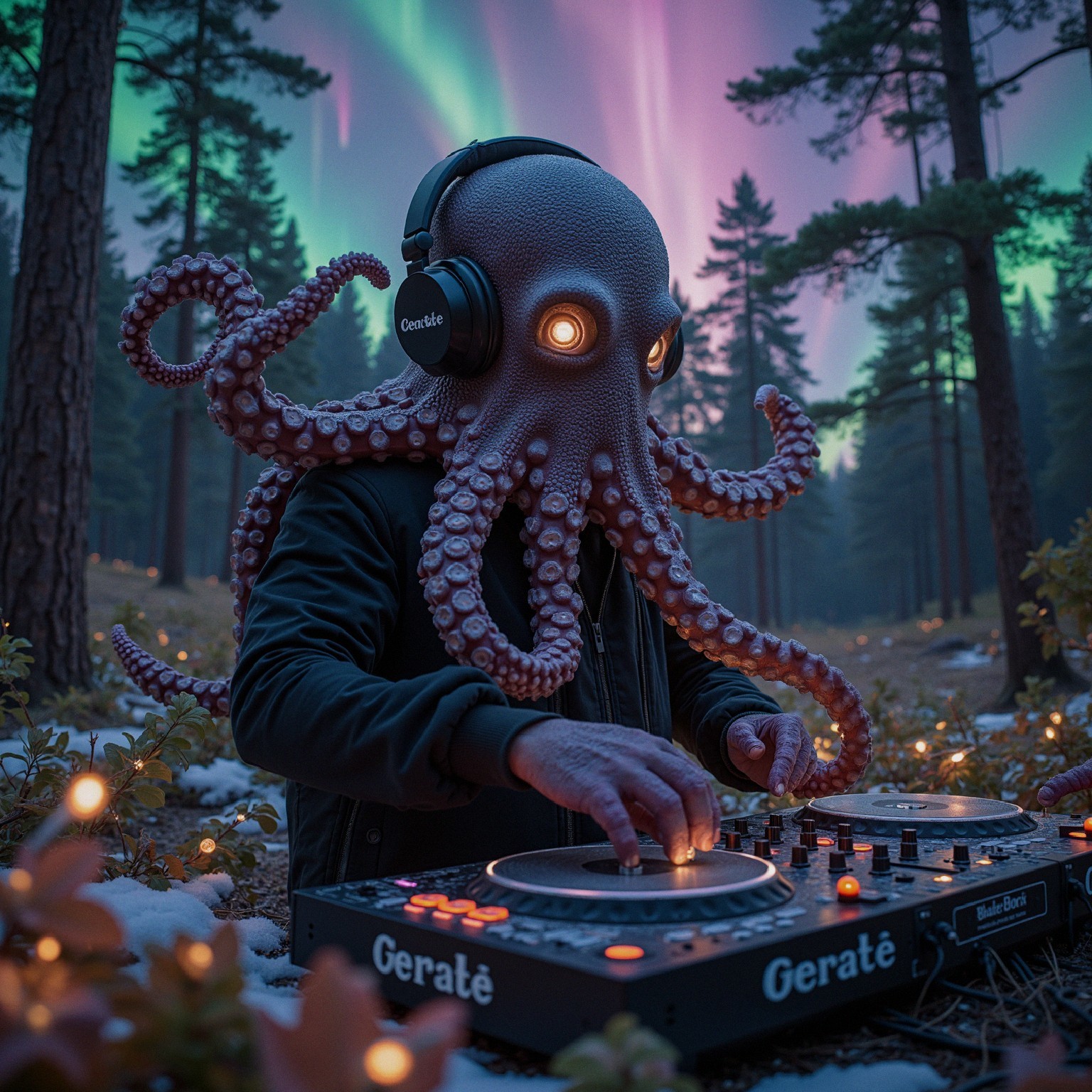 DJ with Octopus Head in Enchanted Forest Setting