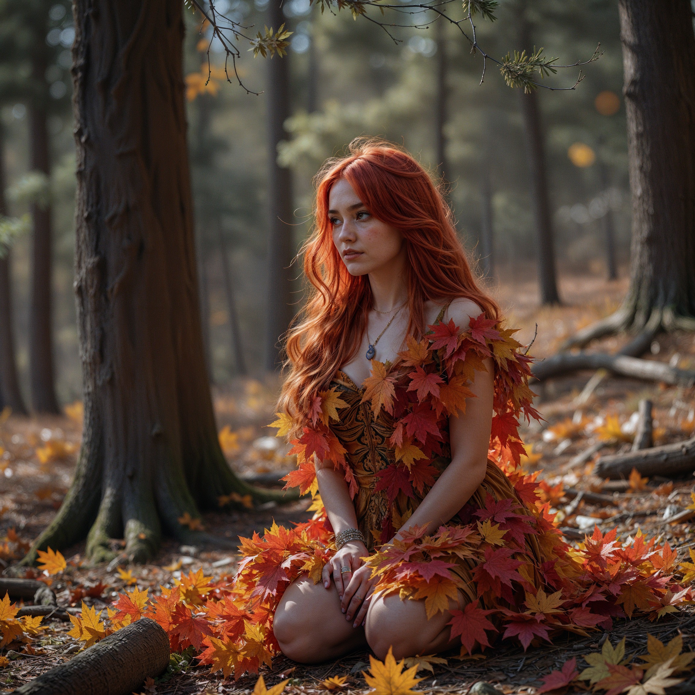 Young woman in autumn leaves with vibrant dress