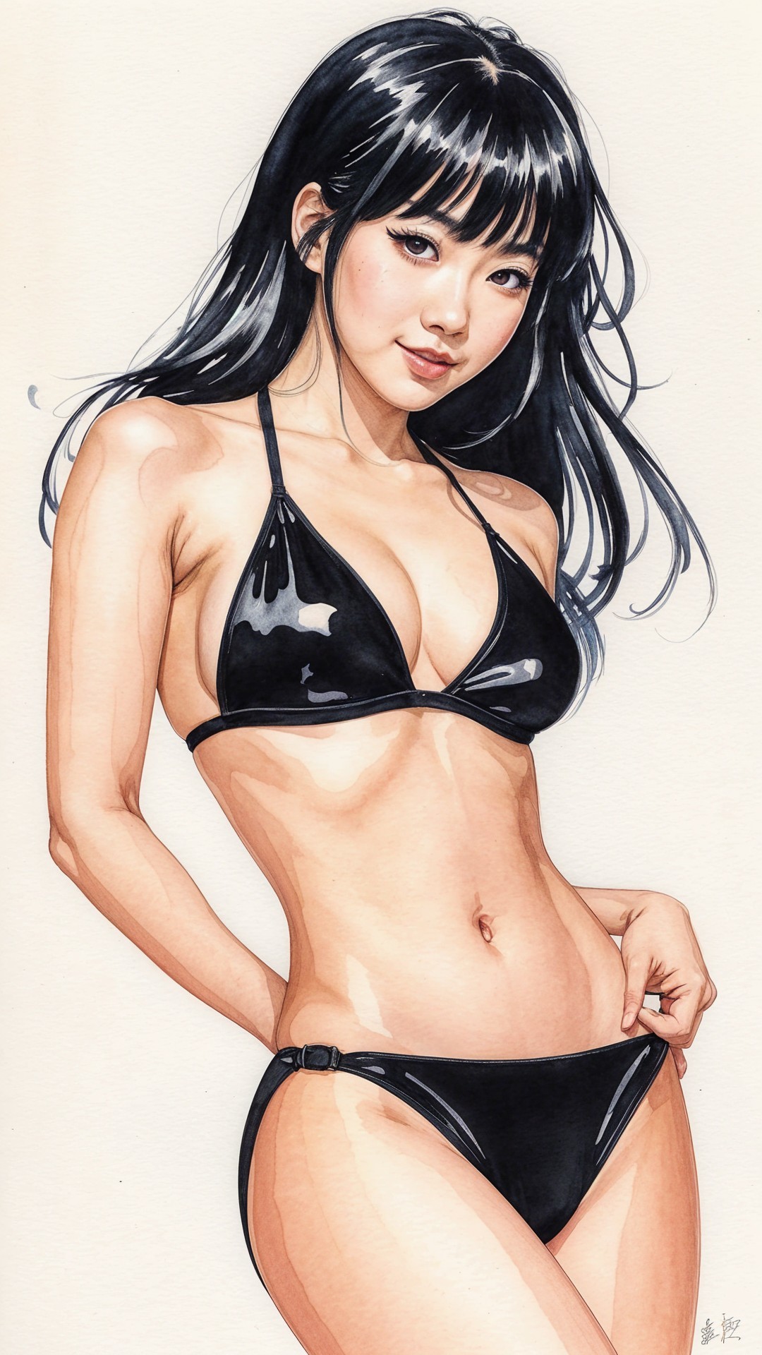 Confident Woman in Black Bikini with Vibrant Colors