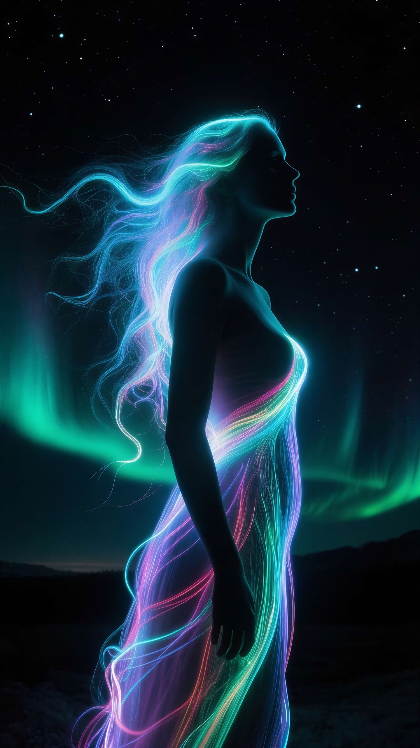 Silhouette of a woman with vibrant light trails in night sky