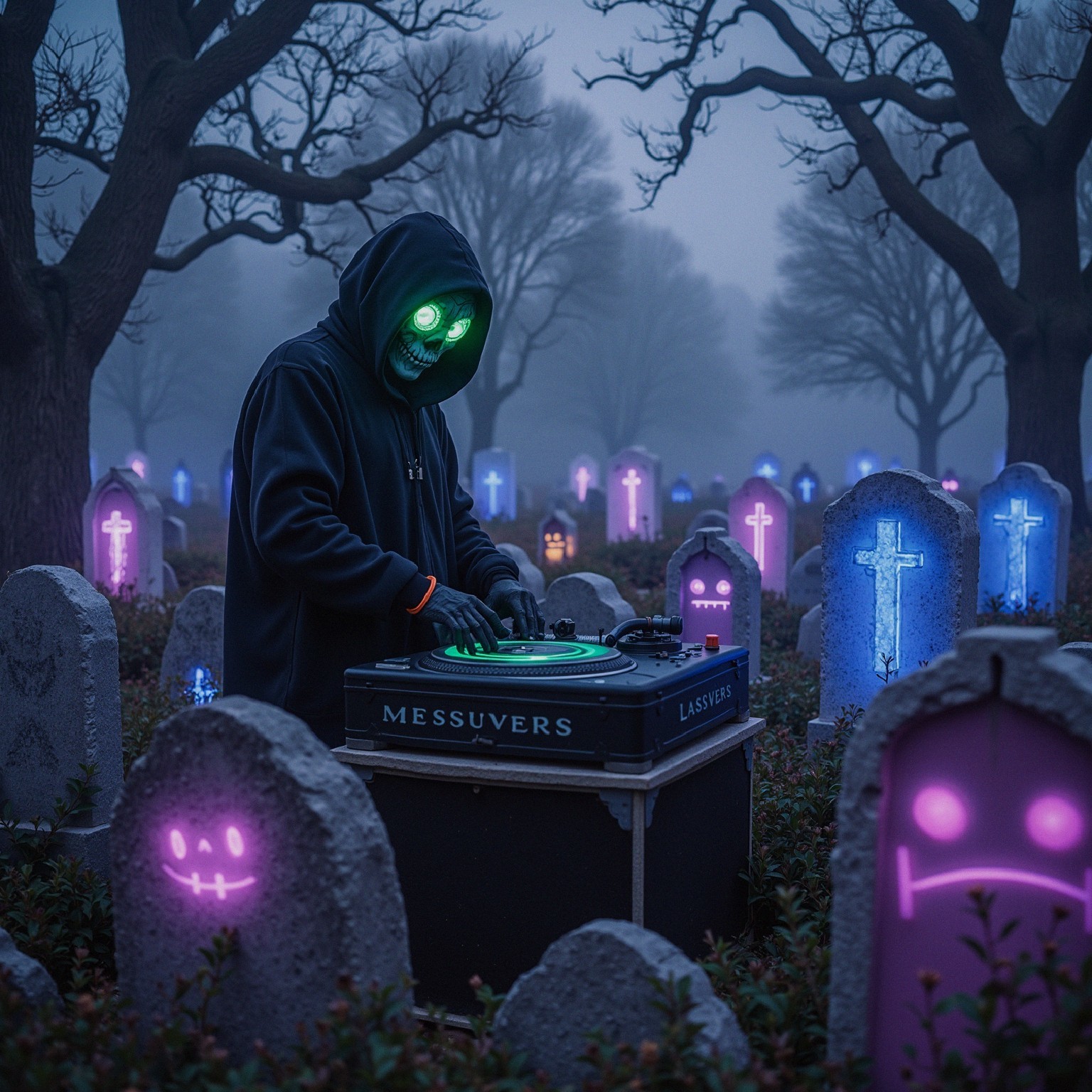 DJ in Foggy Graveyard with Glowing Green Skull Mask