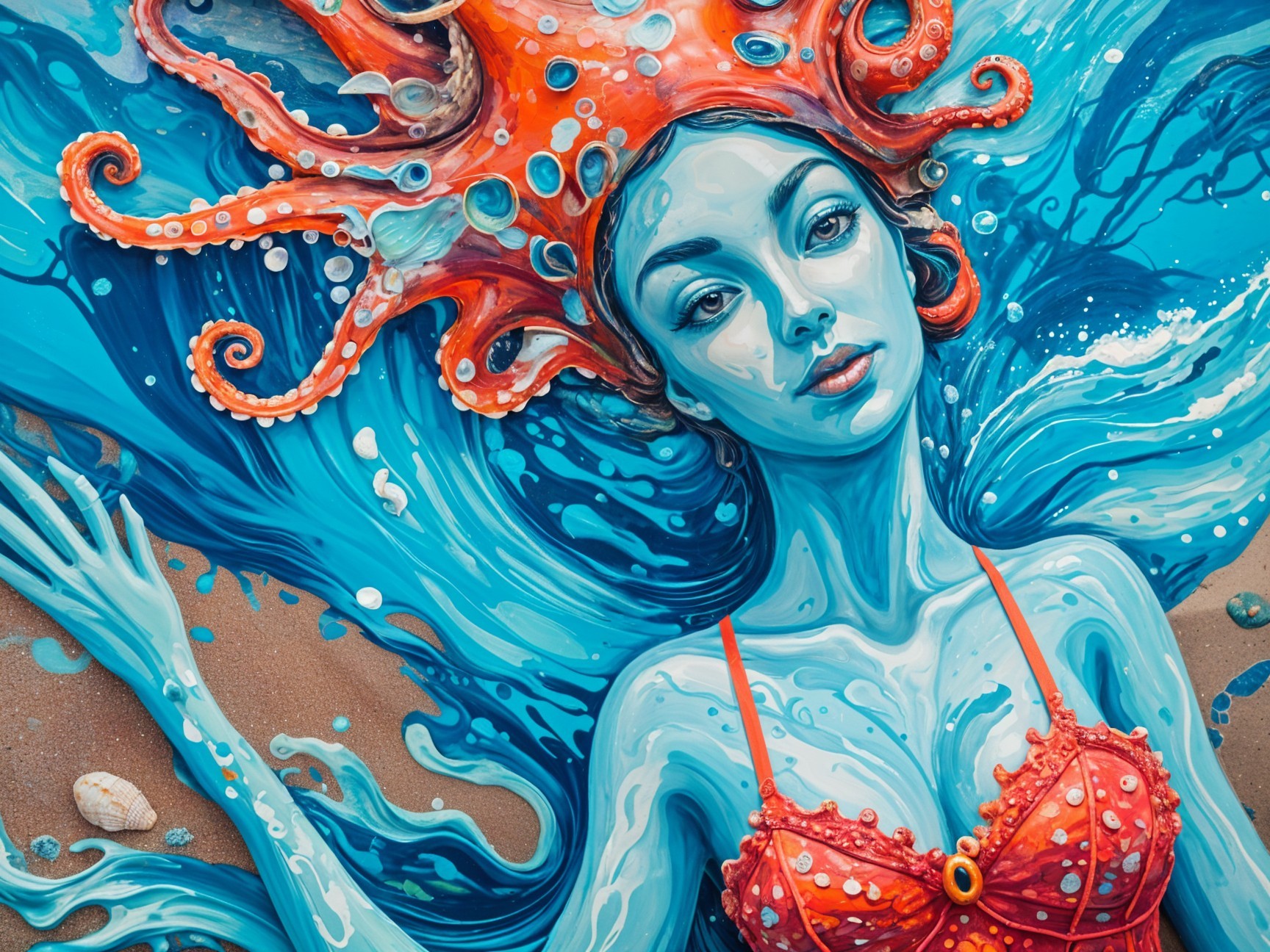Mermaid with Orange Octopus Headdress Underwater Scene