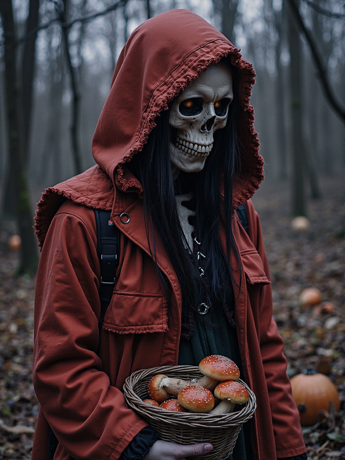 Mysterious Figure in Red Cloak in Foggy Forest