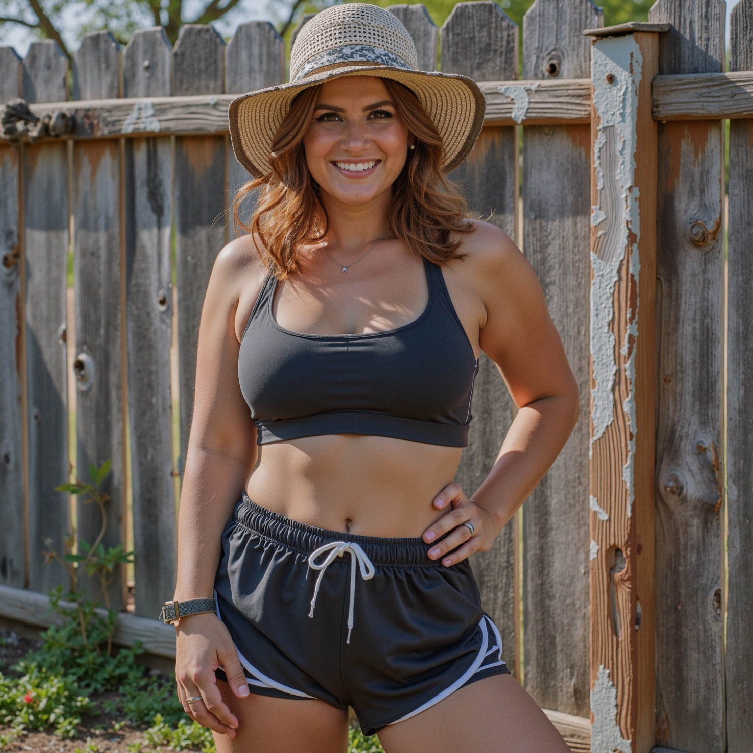 Cheerful Woman in Sportswear by Rustic Fence