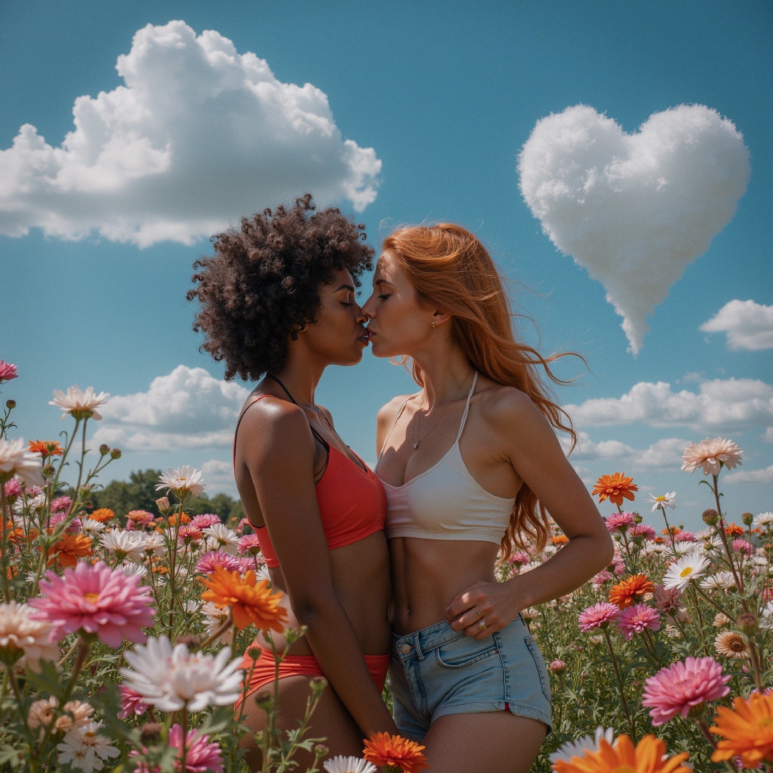 Women Kissing in a Colorful Flower Field Scene