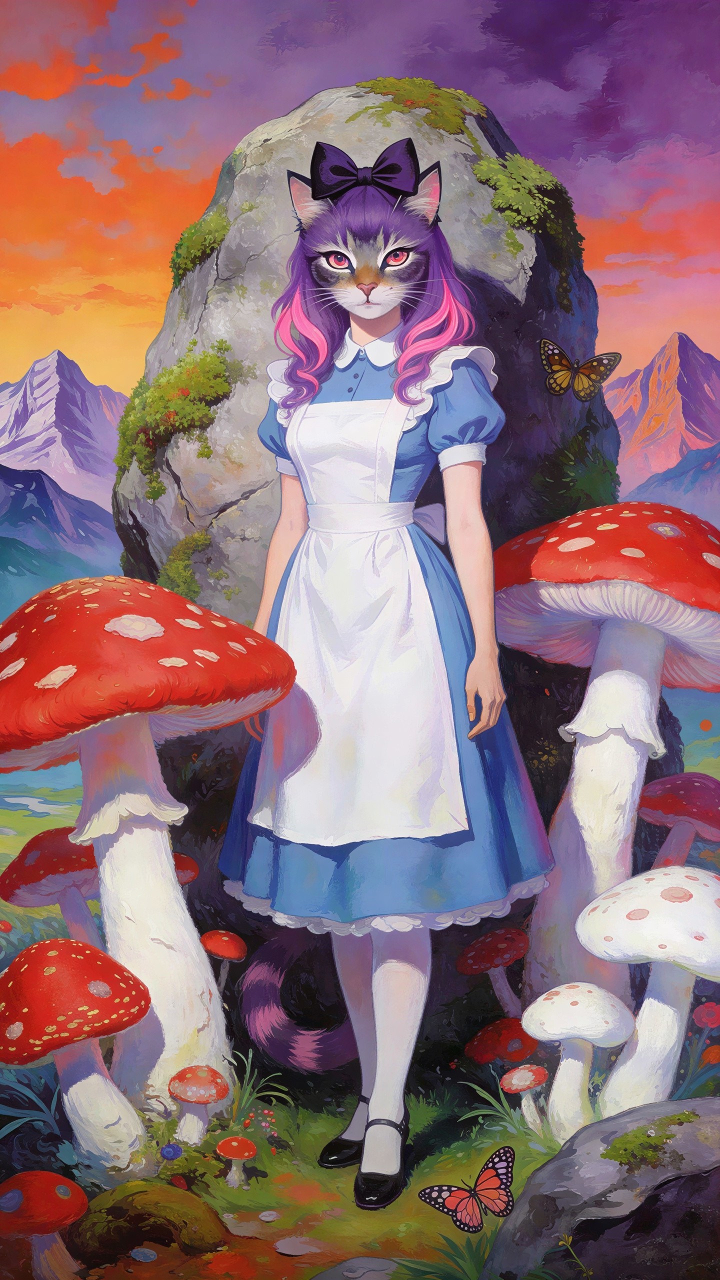 Whimsical Oil Painting of Cat-Humanoid in Fantasy Scene