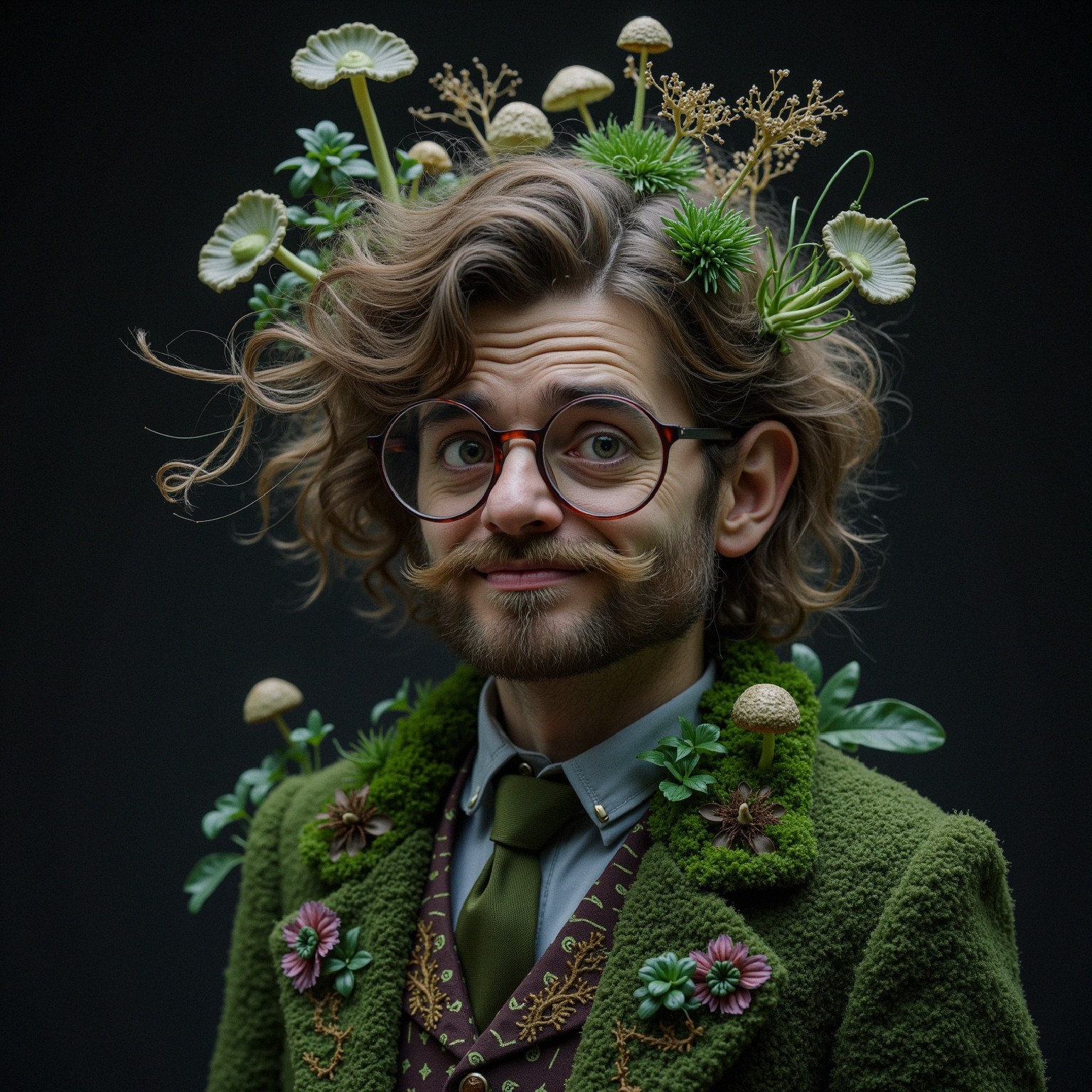 Whimsical figure with curly hair and botanical attire