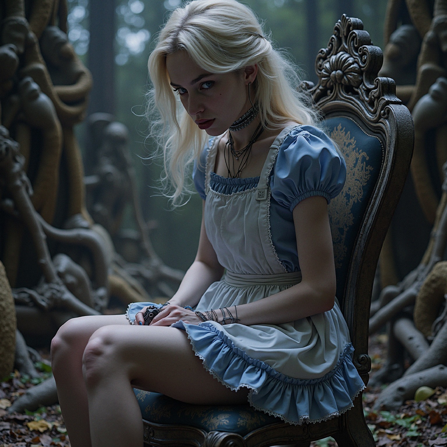 Young Woman in Vintage Dress in Mystical Forest Setting