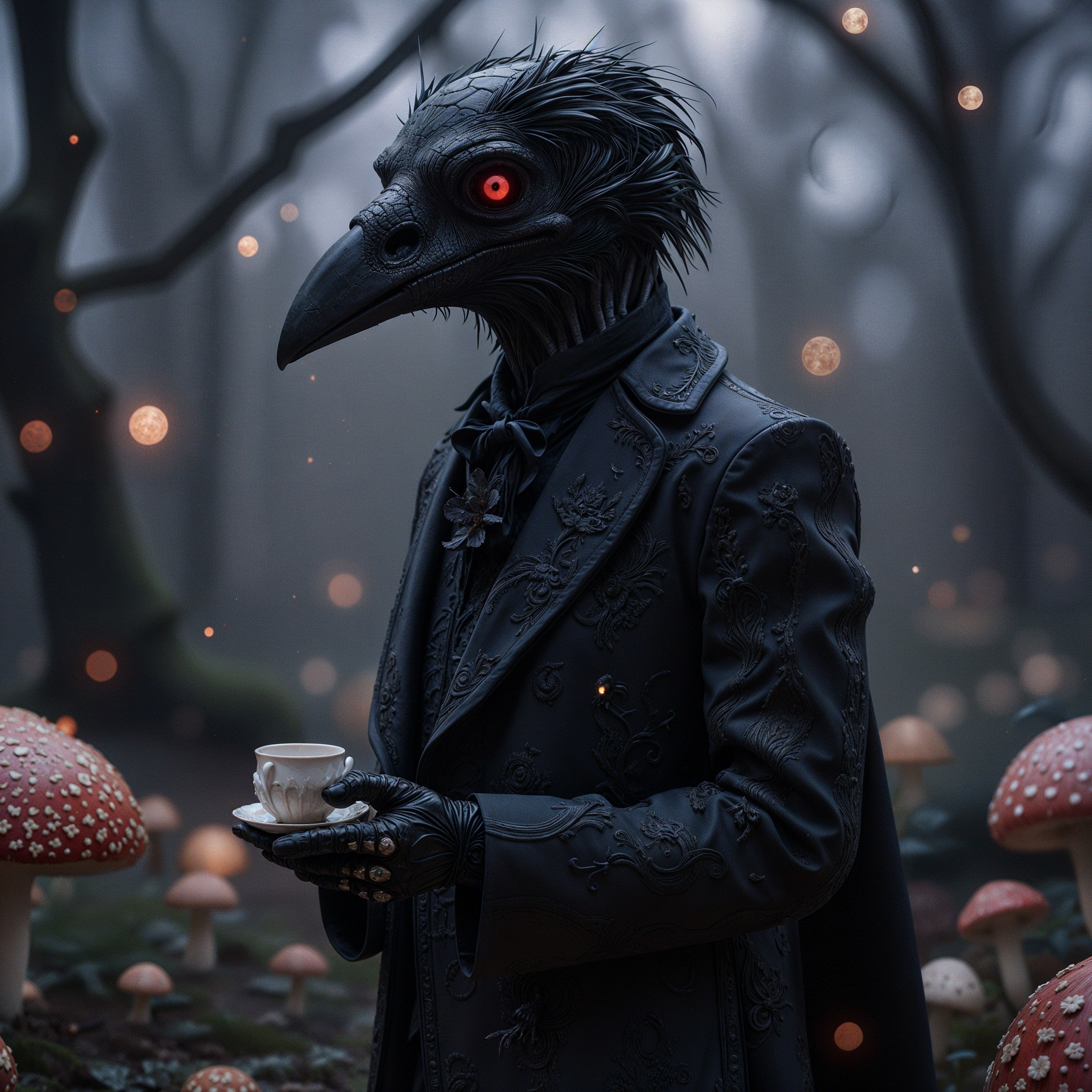 Mysterious Figure in Foggy Forest with Whimsical Mushrooms