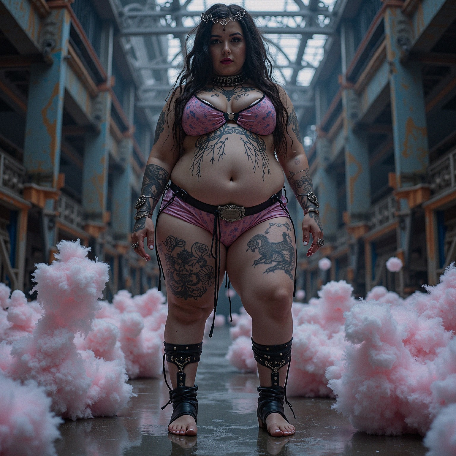 Confident Individual in Industrial Setting with Pink Clouds