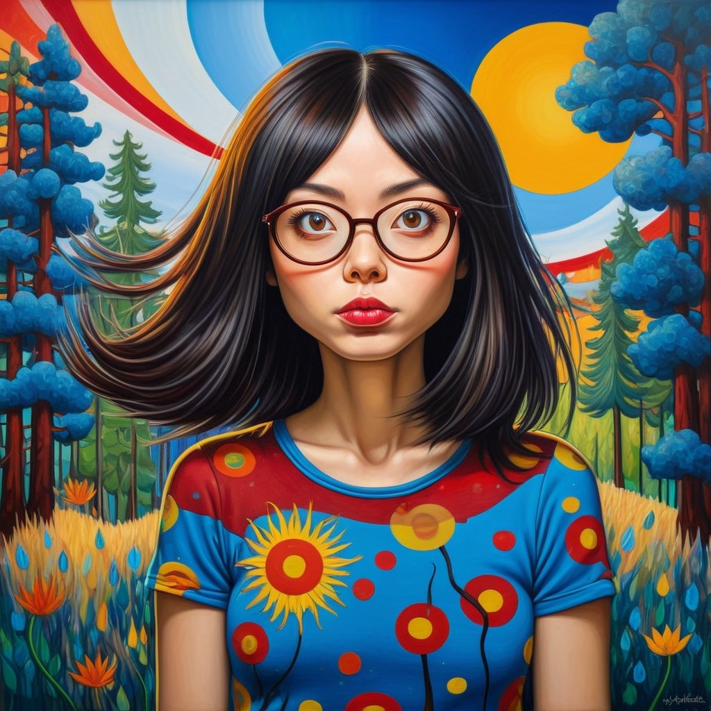 Young Woman in Blue T-Shirt in Whimsical Landscape