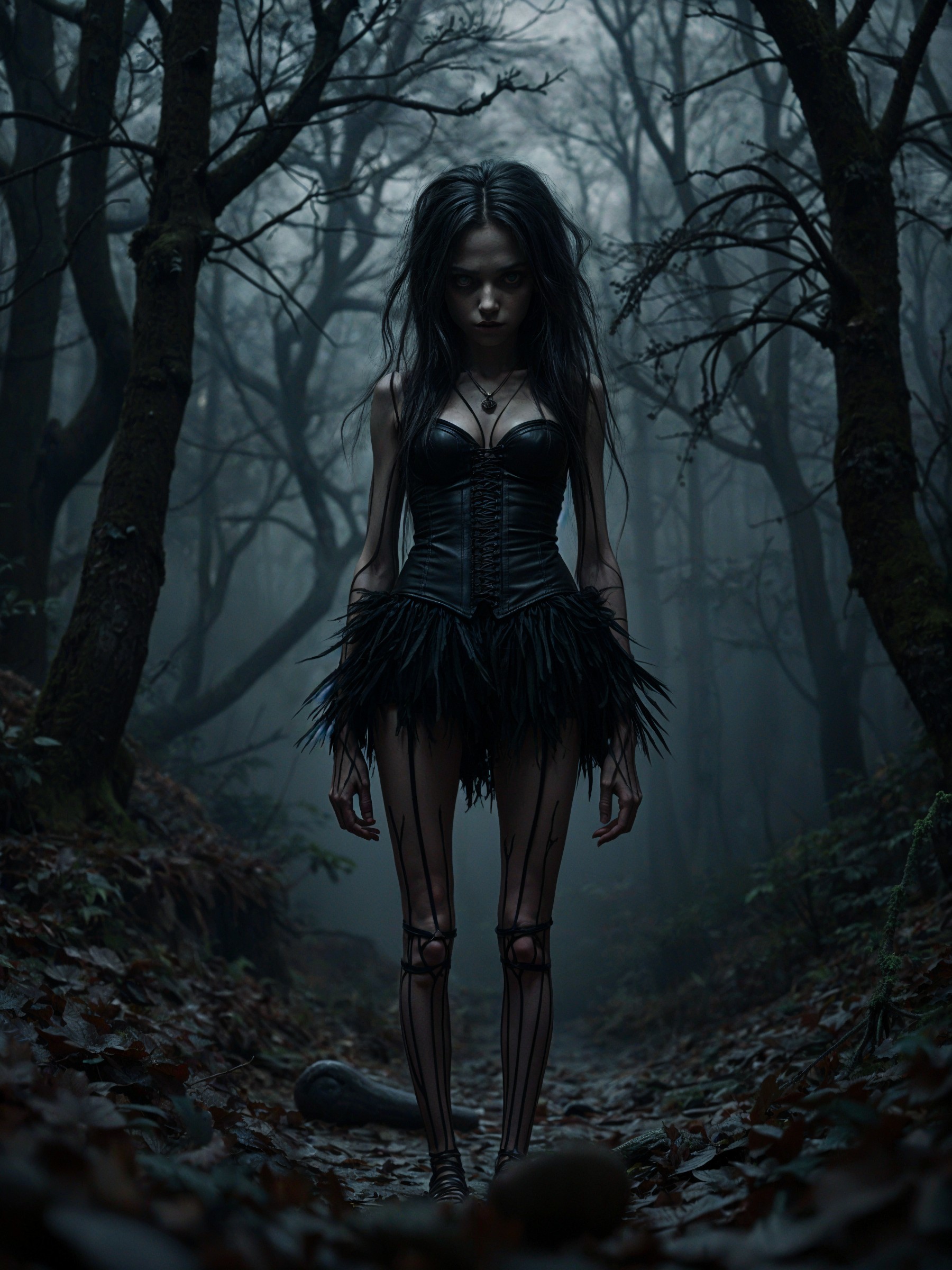 Enigmatic figure in a misty, eerie forest setting
