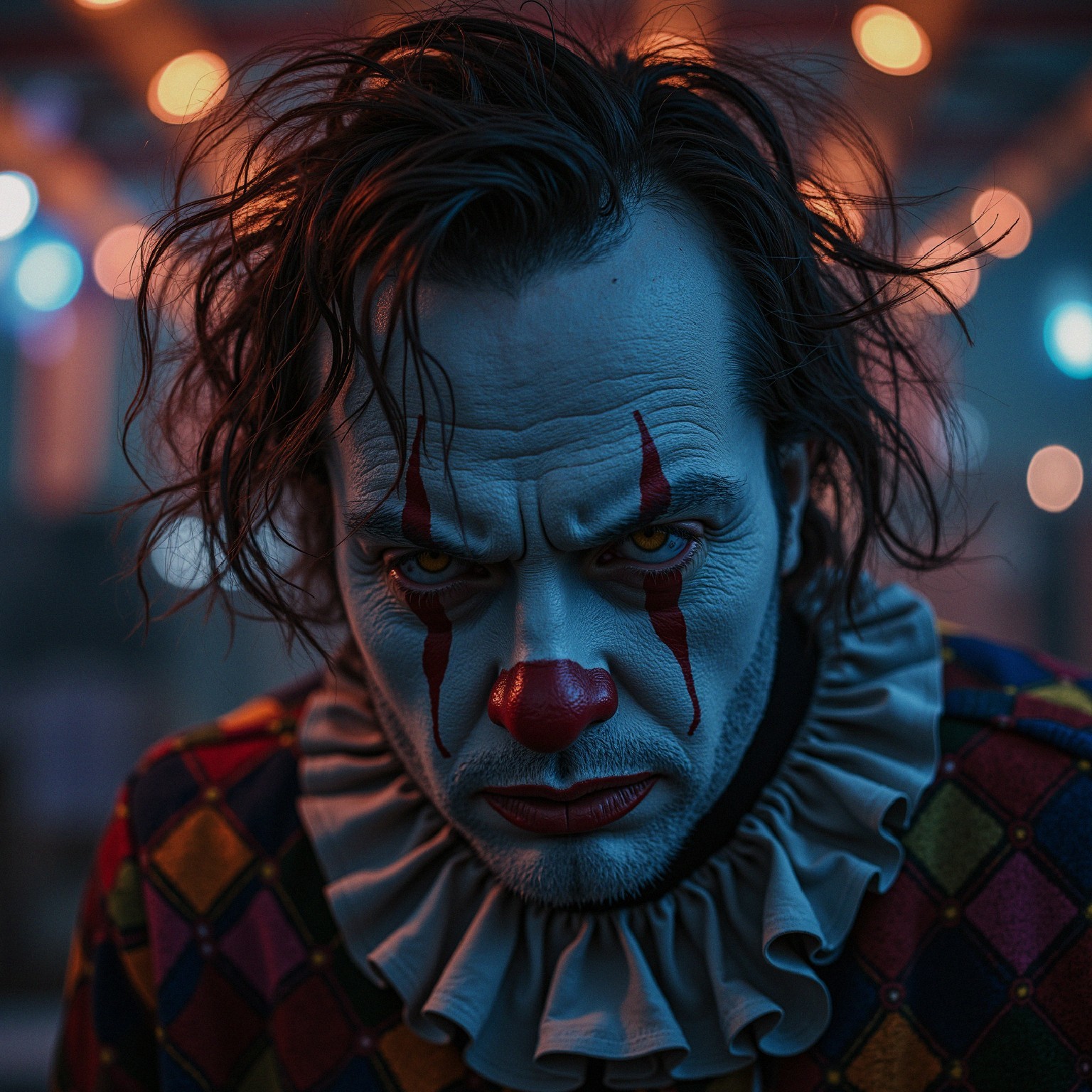 Sinister Clown with Piercing Eyes and Eerie Atmosphere