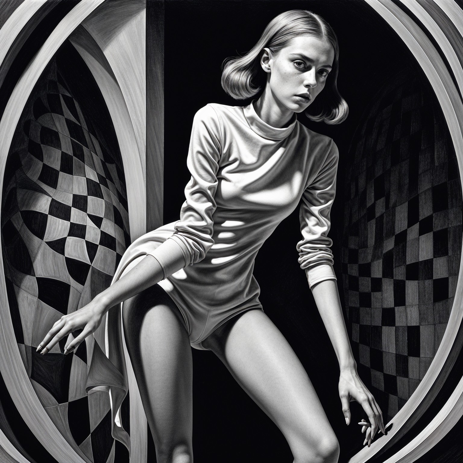 Black and White Illustration of Dynamic Female Figure