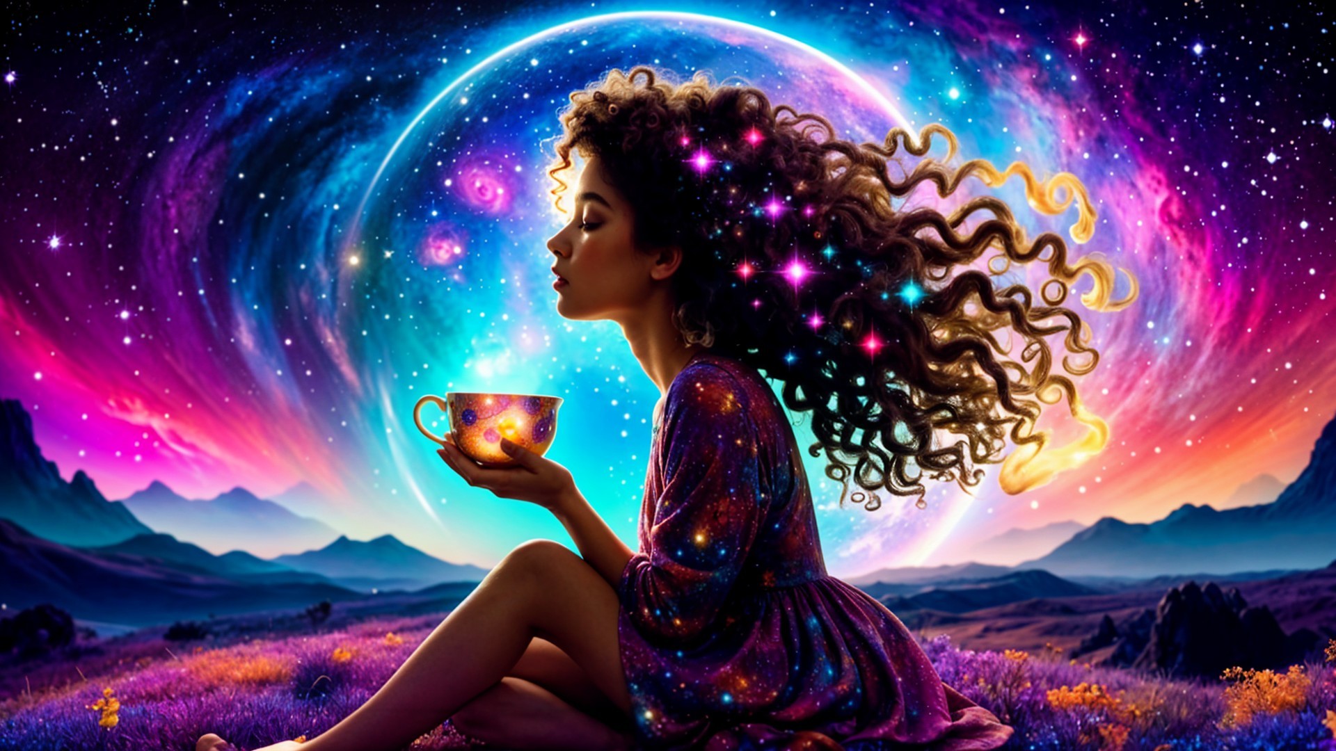 Young woman in cosmic landscape with glowing cup
