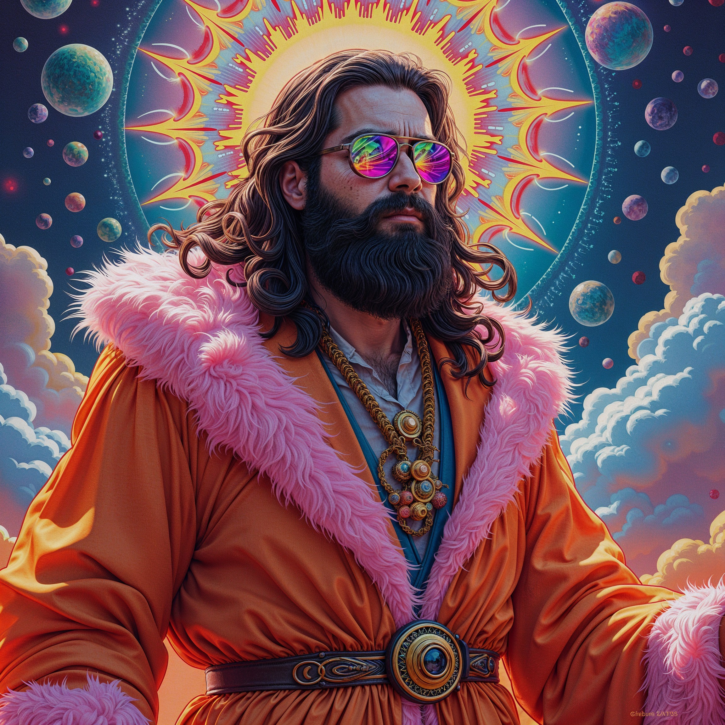 Man in Pink Robe Against Cosmic Backdrop
