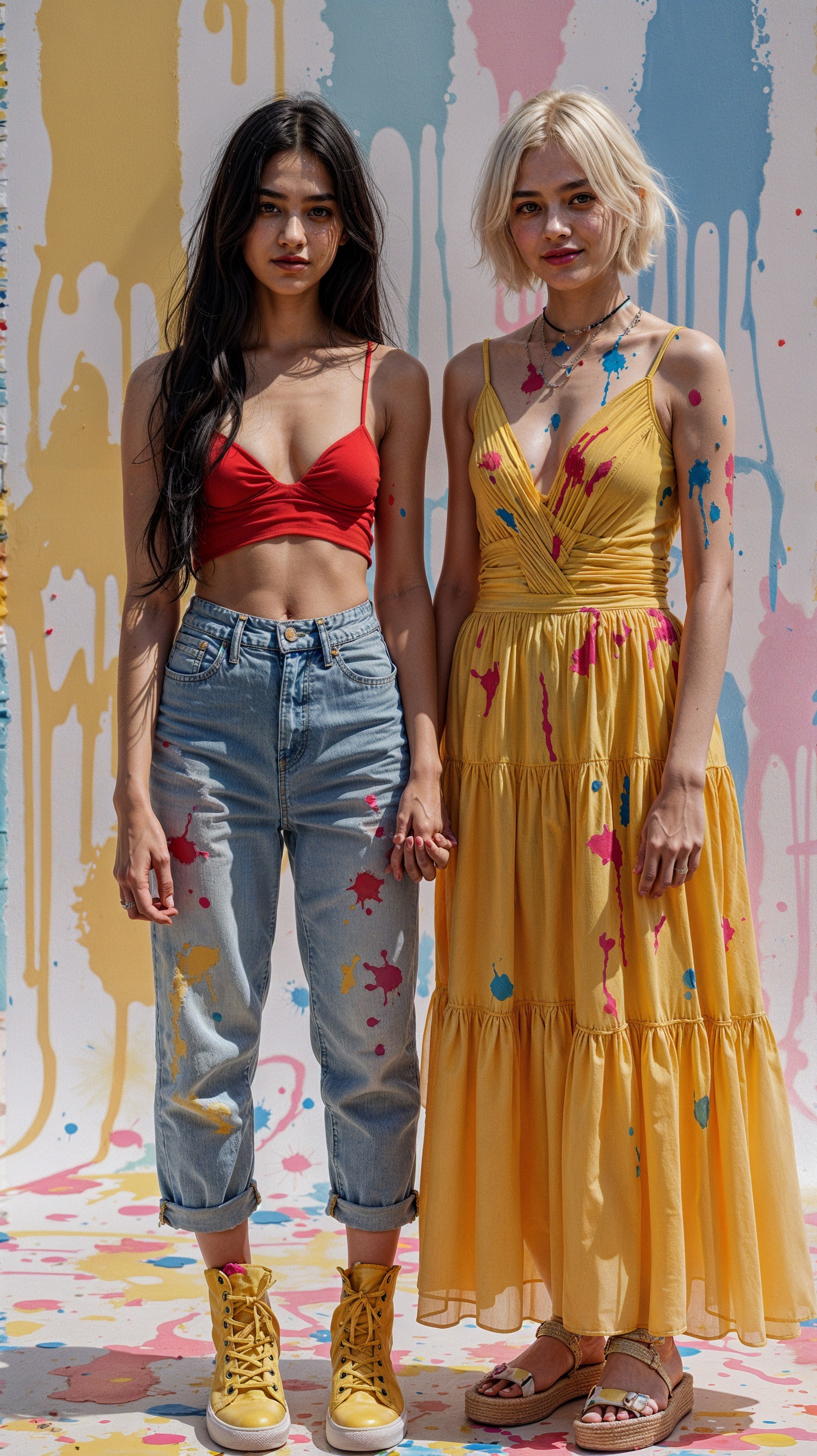Young women in colorful outfits against paint backdrop
