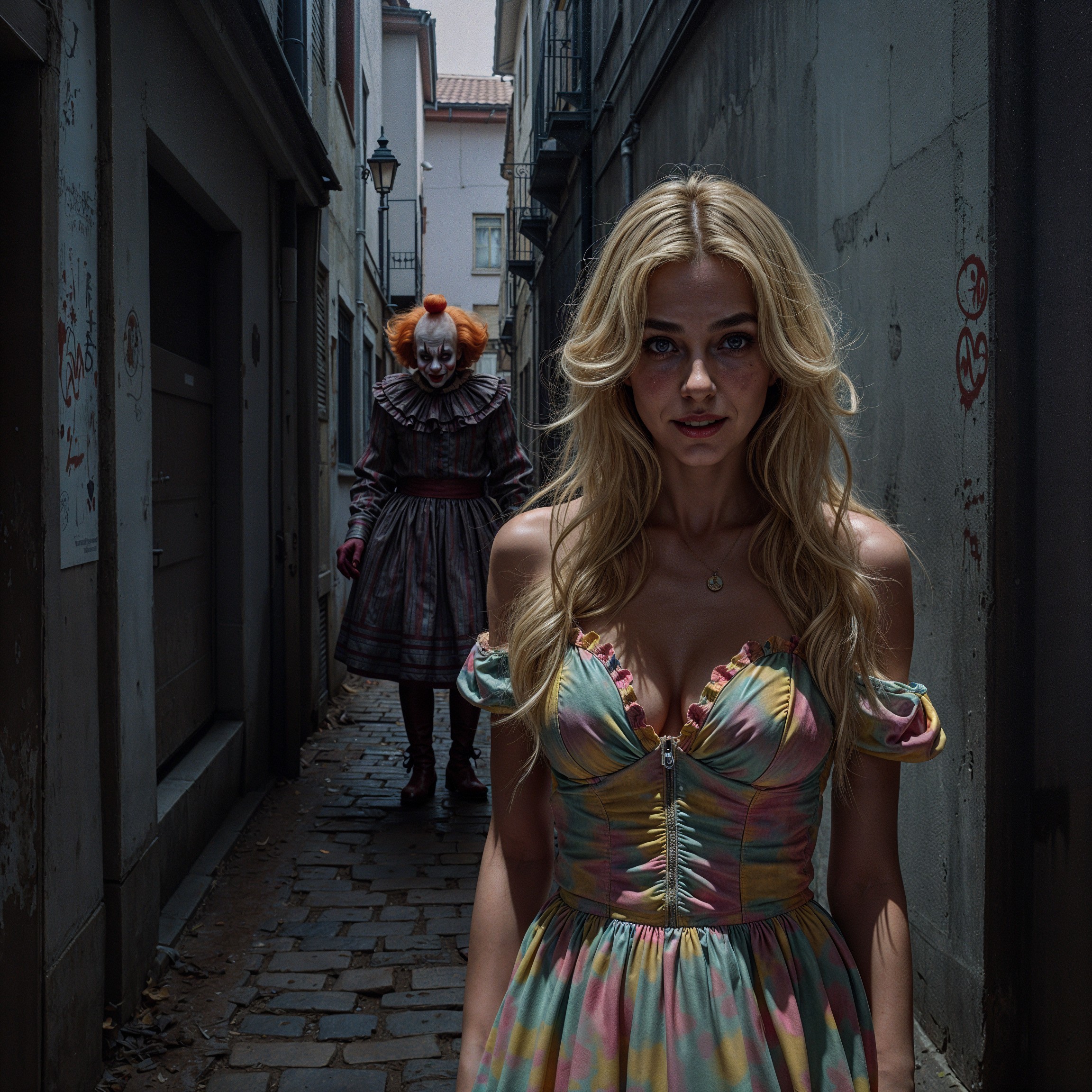 Young Woman and Sinister Clown in Dimly Lit Alley