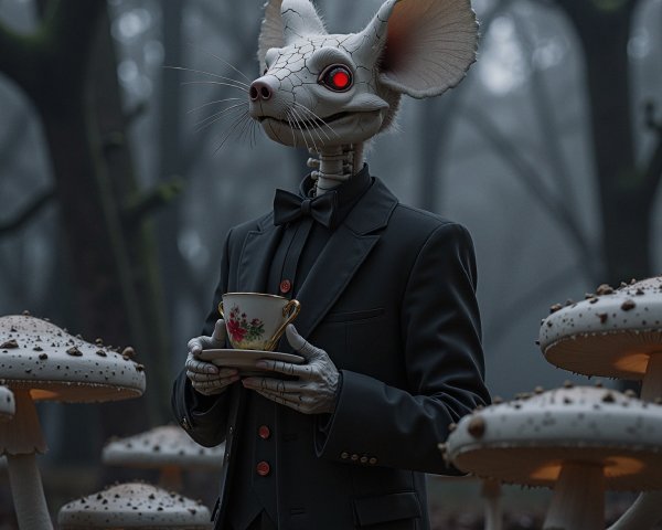 Humanoid Figure in Suit Among Giant Mushrooms