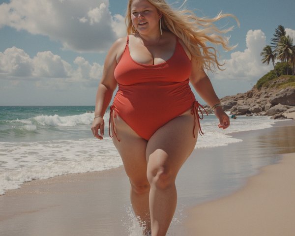 Woman in Orange Swimsuit on Sandy Beach Scene