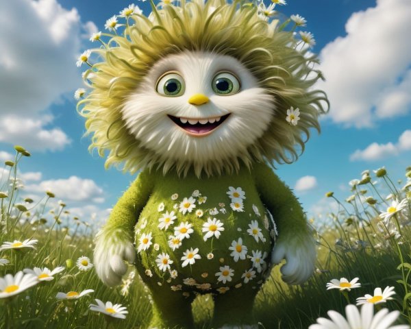 Fluffy Creature Surrounded by Daisies in Sunny Field