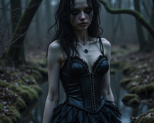 Ethereal Figure in Misty Forest with Dark Attire