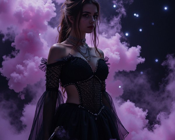 Mysterious Figure in Black Gown Against Pink Clouds