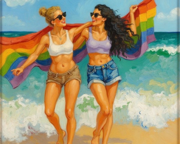 Women Walking on Beach with Rainbow Flag