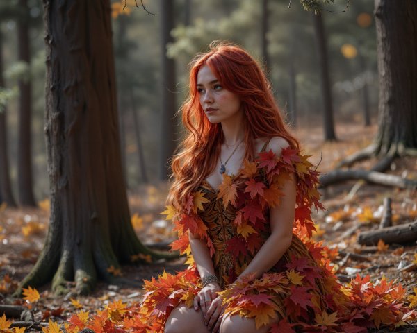 Young woman in autumn leaves with vibrant dress