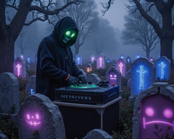DJ in Foggy Graveyard with Glowing Green Skull Mask