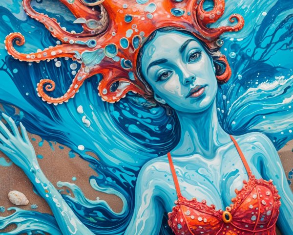 Mermaid with Orange Octopus Headdress Underwater Scene