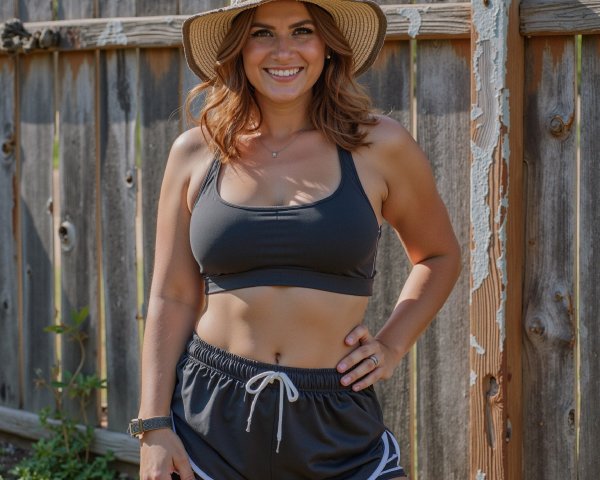 Cheerful Woman in Sportswear by Rustic Fence