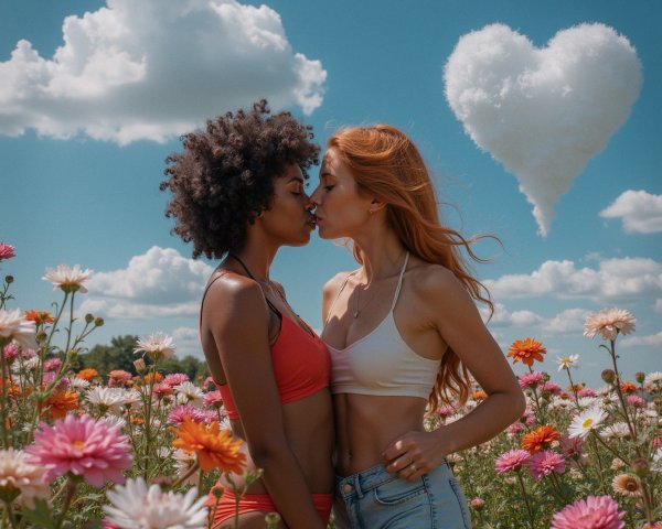 Women Kissing in a Colorful Flower Field Scene
